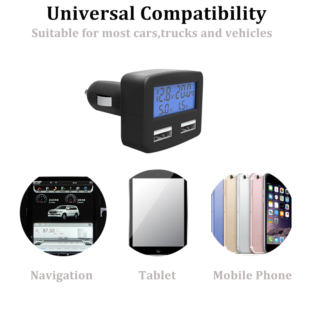 12v bil led digital voltmeter dobbel usb sigarettenner lader adapter 5 in 1 auto bil lcd panel termometer temperaturmåler