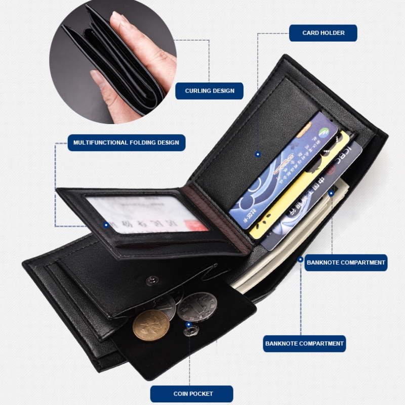 Men's Solid Color Horizontal Short Style Leather Wallet with Multiple Card Slots and A Clear ID Window for Students