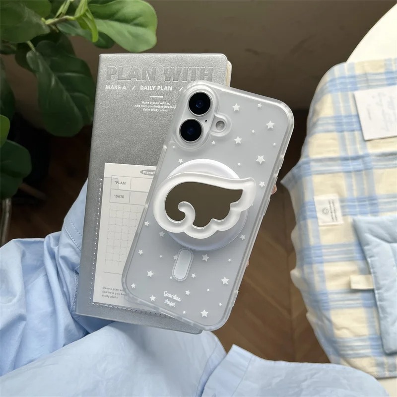 Korea's cute magnetic stand Tok cartoon star Angel Wings Magsafe phone case for iPhone 16 15 14 13 Pro Max mirror back cover
