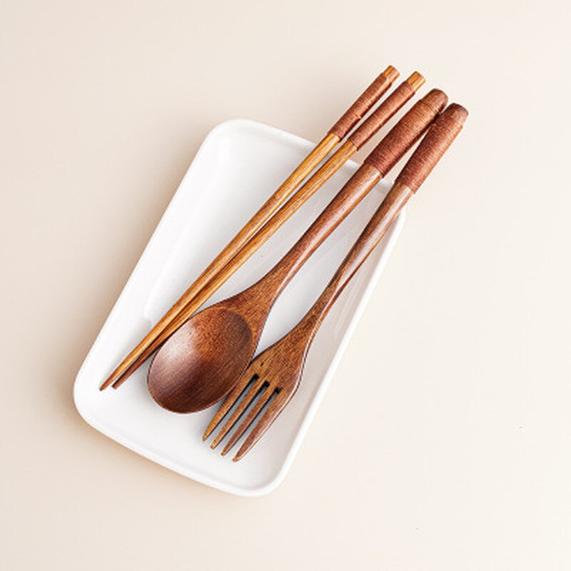 Portable Tableware Vintage Japanese Wood Chopsticks Spoon Fork Travel Dinnerware Suit Environmental Travel Wooden Cutlery Set