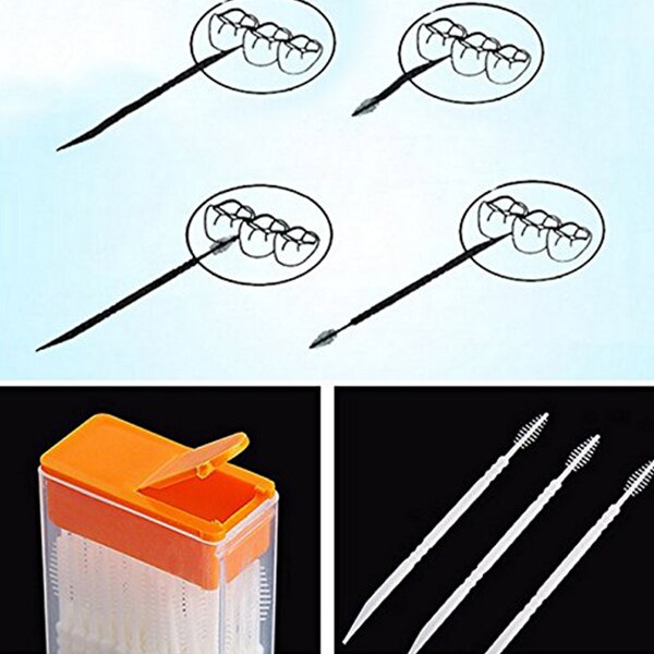 50 Pcs Plastic Toothpicks 2 Way Tooth Picks Inter Brush Cleaners Portable Box Ran Color