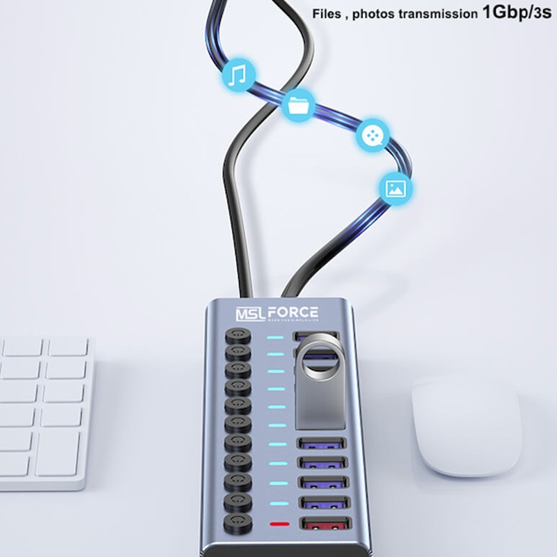 USB3.0 HUB With 12V Power Adapter EU UK US AU Splitter 2.4A Fast Charging And 10Ports USB HUB Simultaneously Read Write At 5Gbps