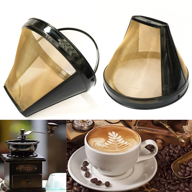 1pc Washable Handle Coffee Filter Stainless Steel Reusable Coffee Filter Cone-Style Refillable Gold Mesh Cafe Maker Machine Tool