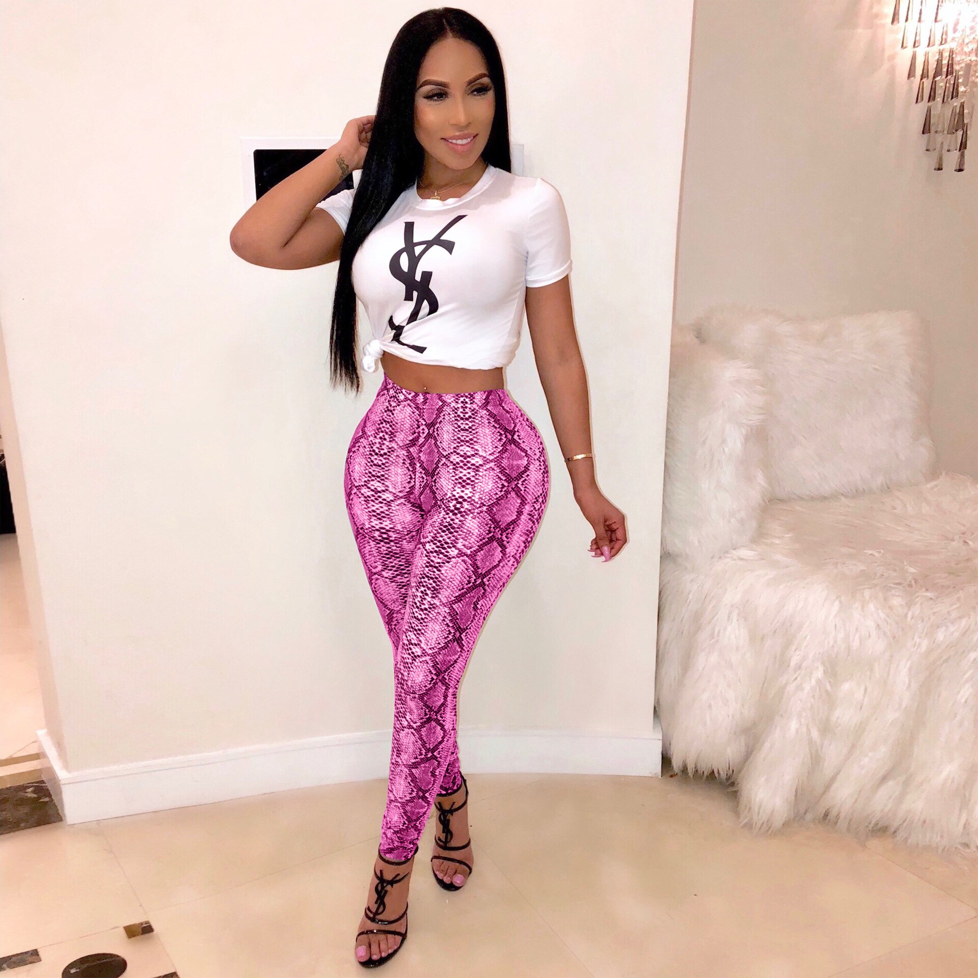 Womens Stretch Snakeskin Leggings Broek Grijs Geel Slangenprint Legging: M / YELLOW