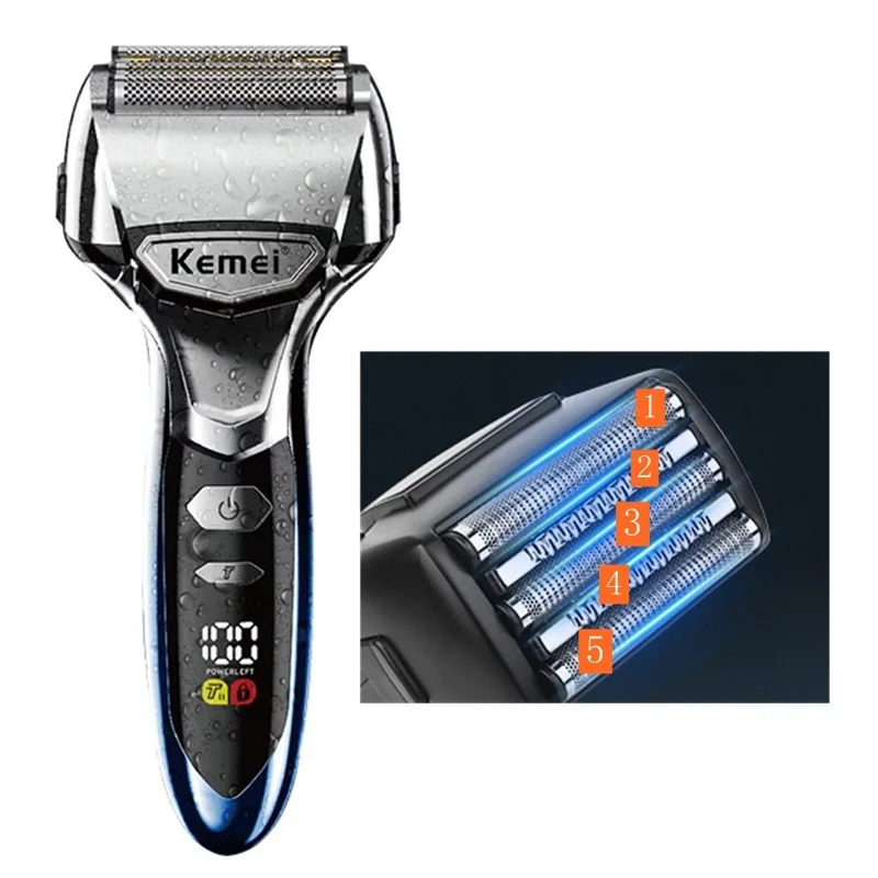 Ipx7 Waterproof Face Electric Shaver Km-3215 5 Cutter Heads Net Floating Trimmer Hair Razor Shaver
