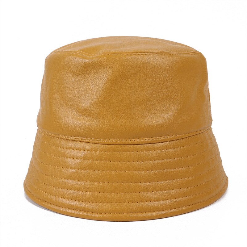 Efterår vinter mænd kvinder pu læder bøttehat kvindelig japansk fiskerhat bob drenge piger varm plus fløjl panama: Gul