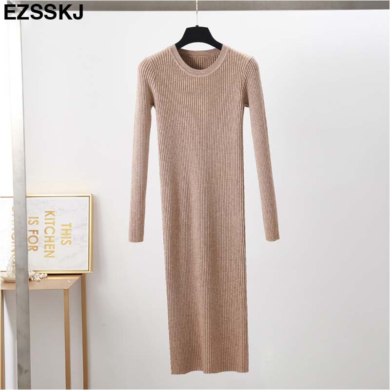 Herfst winter lange trui jurk dames effen bodycon dikke jurk dames trui o-hals slank basic gebreide jurk lange mouwen: Khaki
