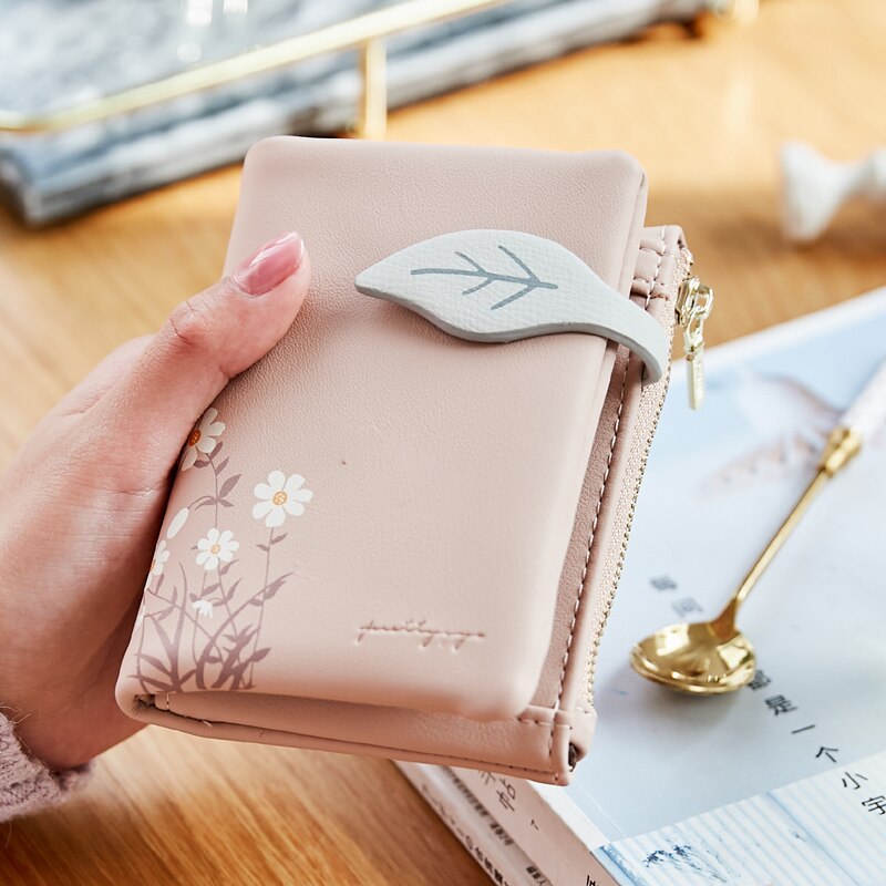 Women Wallet Leaf Pattern Hasp Ladies Purse soft pu Leather Small Short Wallets Female Zipper Coin Purse: Pink