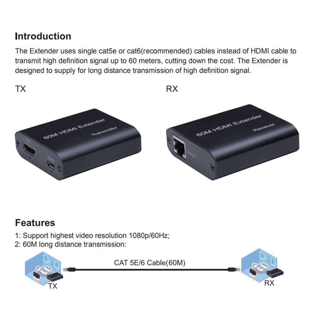 HDMI Extender Transmitter Receiver Over Cat5e/Cat6 RJ45 Ports HDMI Extender Loop 60m 1080P HDMI Extender For PS4 HDTV Monitor