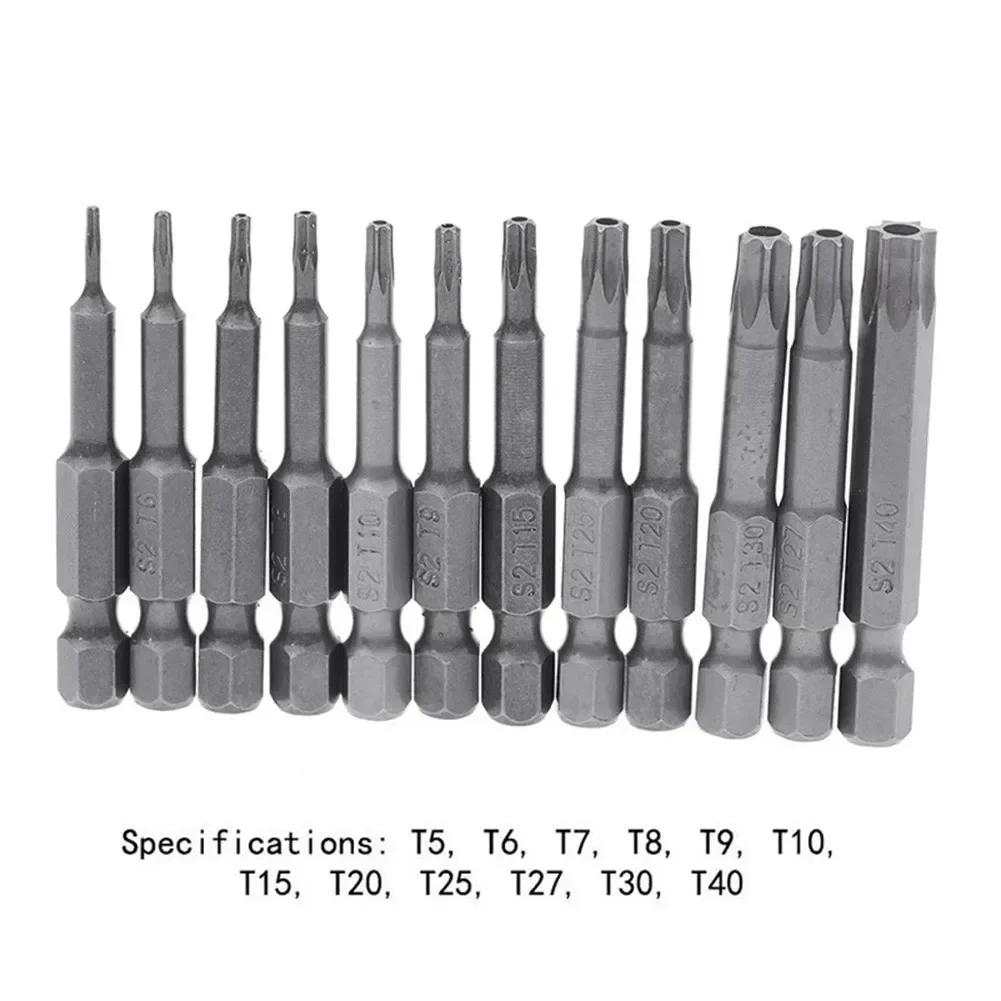 50mm Torx Steel Magnetic Triangle Head Screwdriver Bits 1/4 Hex Shank Pneumatic Screwdriver Electric Head T5-T40 Star Bit Set