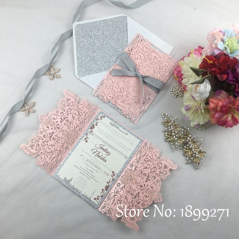 1full set flower light pink pearl wedding invitation card with gliter paper Recycled Arabic Wedding Greet thank you Card