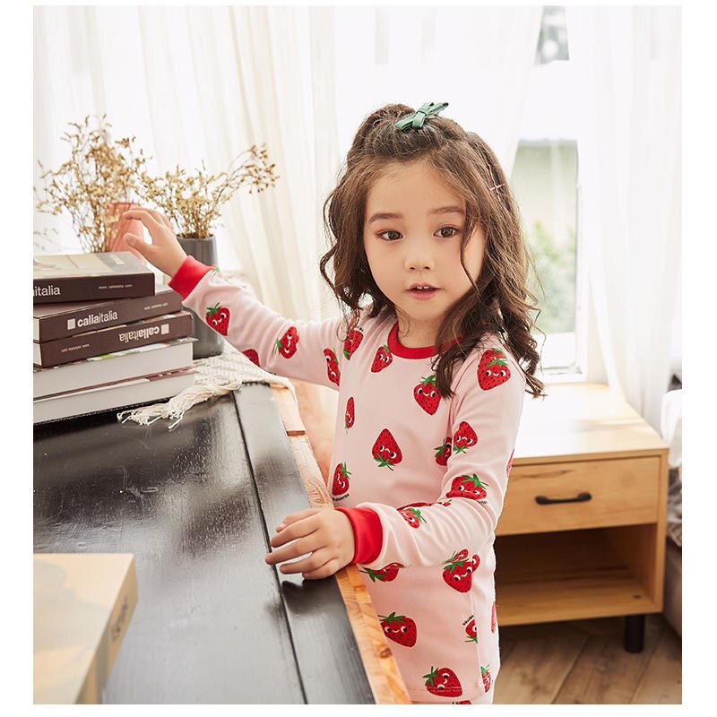 Børn pige barn sød søde lovele jordbær trykning langærmede pyjamas sæt nattøj nattøj nattøj tøj til hjemmet