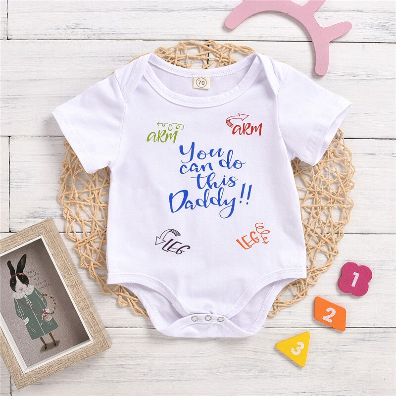 One Persent Baby Bodysuits Letter Print Round Neck Short Sleeve Bodysuit Jumpsuit for Girls Boys White Clothing