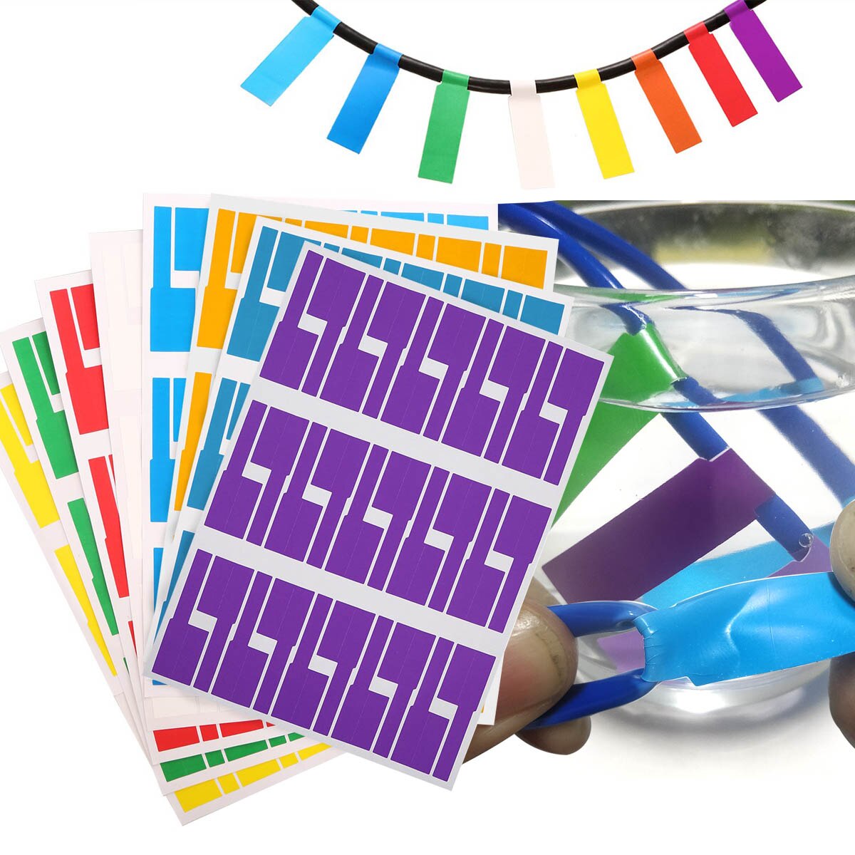 300Pcs/Sheet Kabel Etiketten Sticker Kleurrijke Waterdichte Identificatie Tags Scheurbestendig Draad Identificatie Labels
