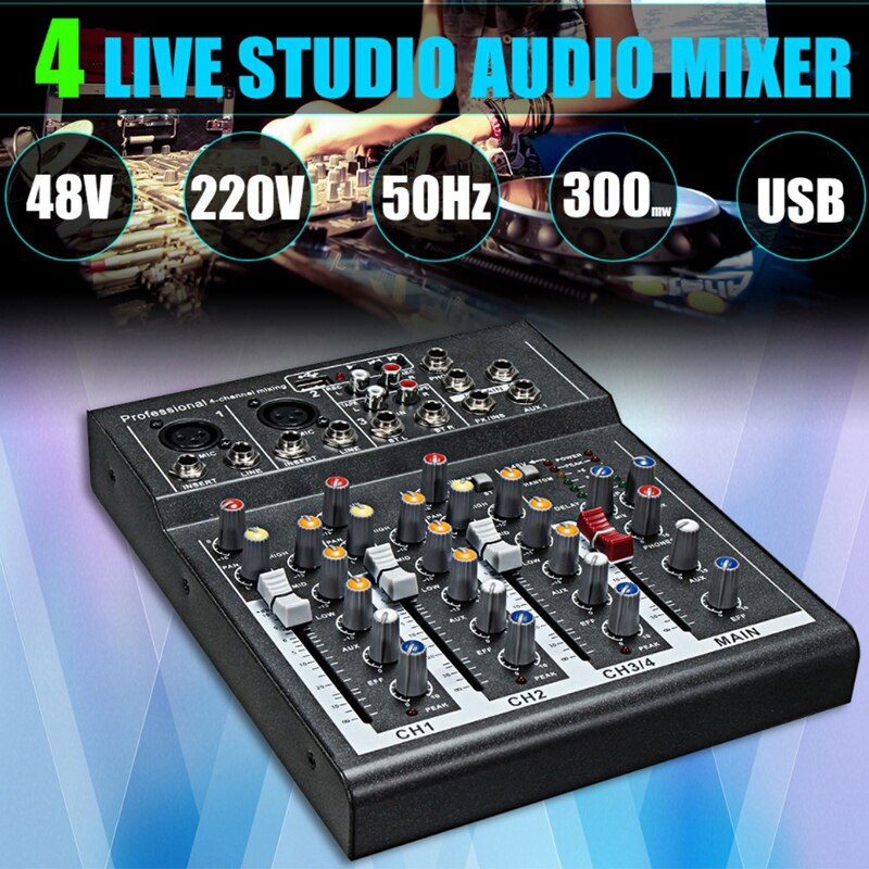 Mini Portable Audio Mixer with USB DJ Sound Mixing Console MP3 Jack 4 Channel Karaoke 48V Amplifier for Karaoke(EU Plug)
