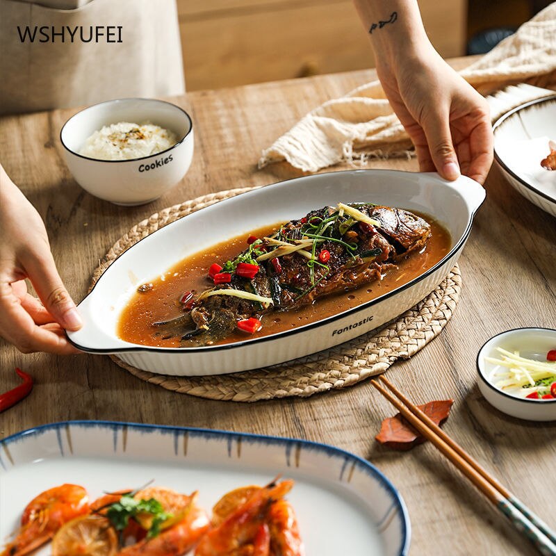 Fish Plate Household Steamed Fish Dishes Large Double Ear Plate Oval Fish Plates Ceramic Dish Household Products Tableware