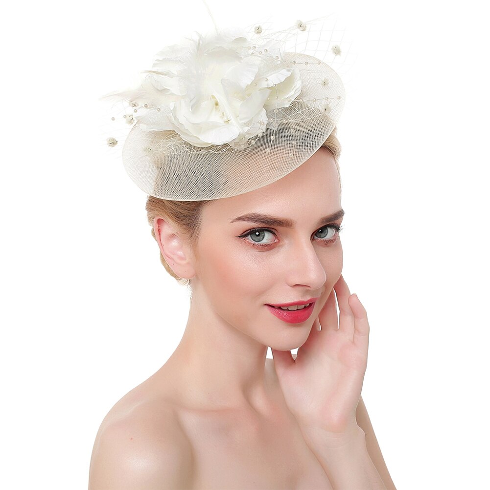 Cintas de malla con flores para mujer, tocado de plumas, sombrero, sombreros, diadema con pinza para el cabello, para la cabeza, cóctel, de té para niña: Creamy White