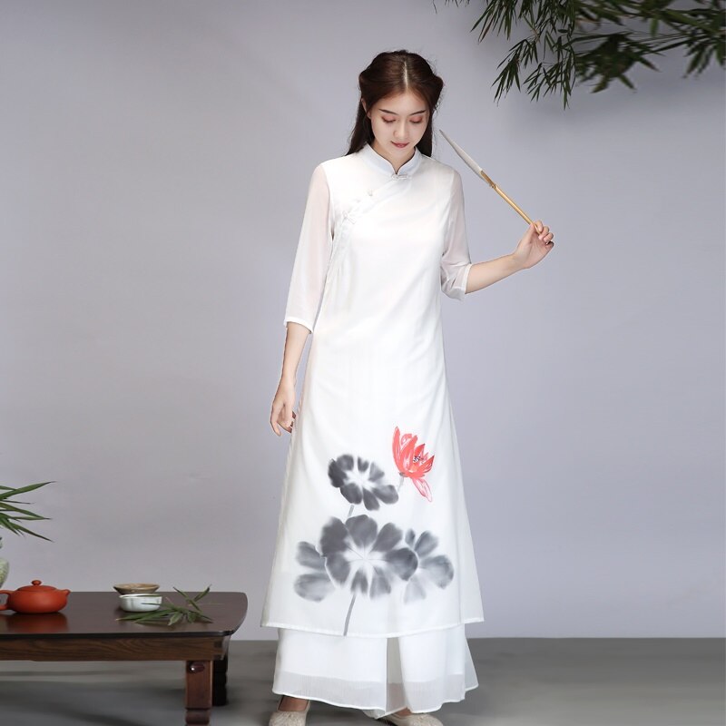 Vestido tradicional chino Qipao de manga larga, ropa Oriental de primavera para mujer, ropa de Vietnam, vestido Ao Dai, 31044