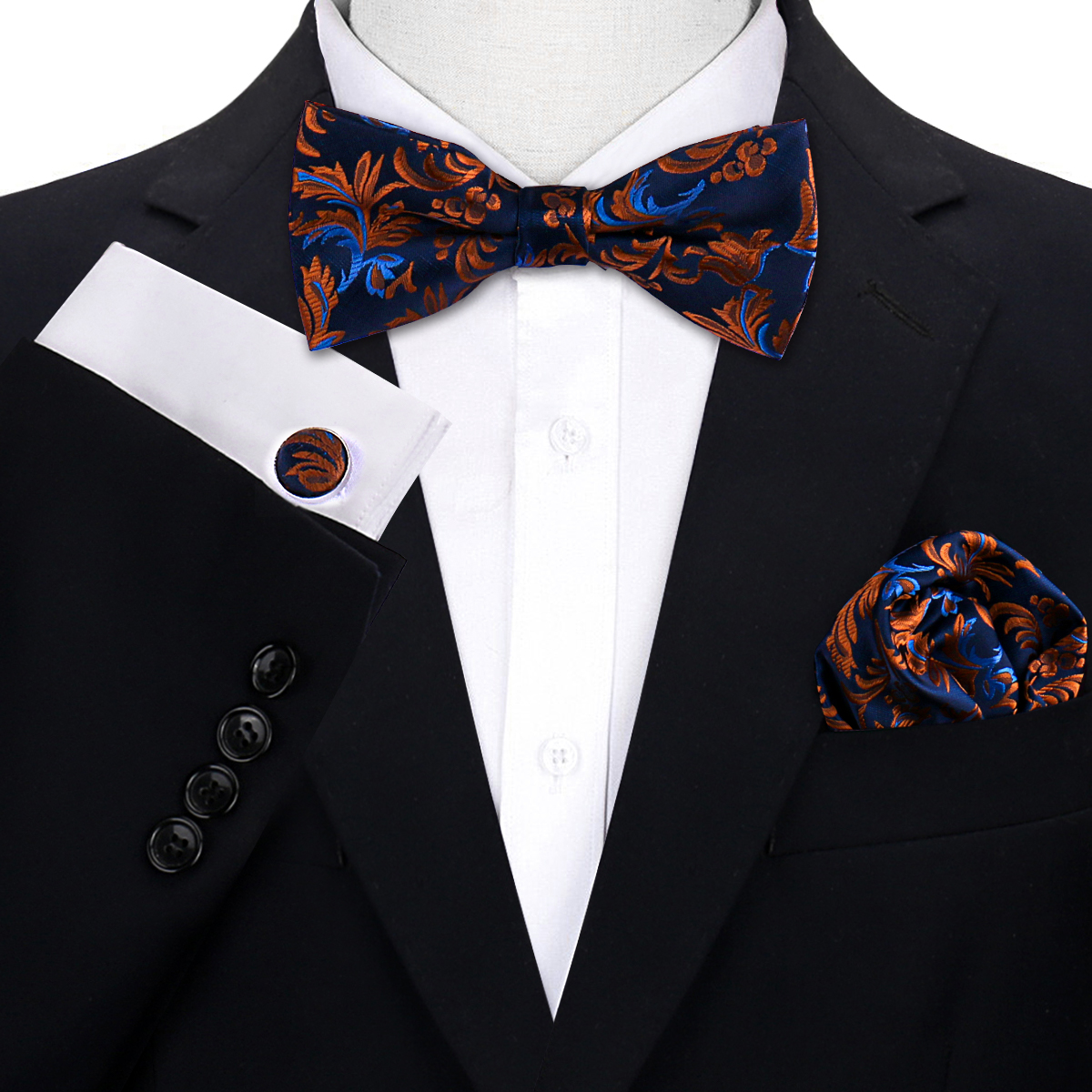 Conjunto de 3 piezas de pajarita, pañuelo, gemelos, conjunto para camisas de hombre, ajuste de negocios, boda, mariposa, Paisley, bolsillo, pajarita cuadrada para hombre
