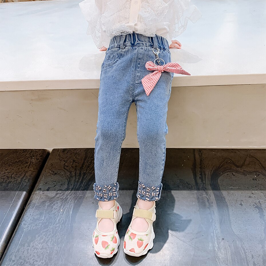 Baby Jeans Boog Peuter Meisje Jeans Bloemmotief Jeans Meisjes Lente Herfst Baby Meisje Kleding Casual Stijl