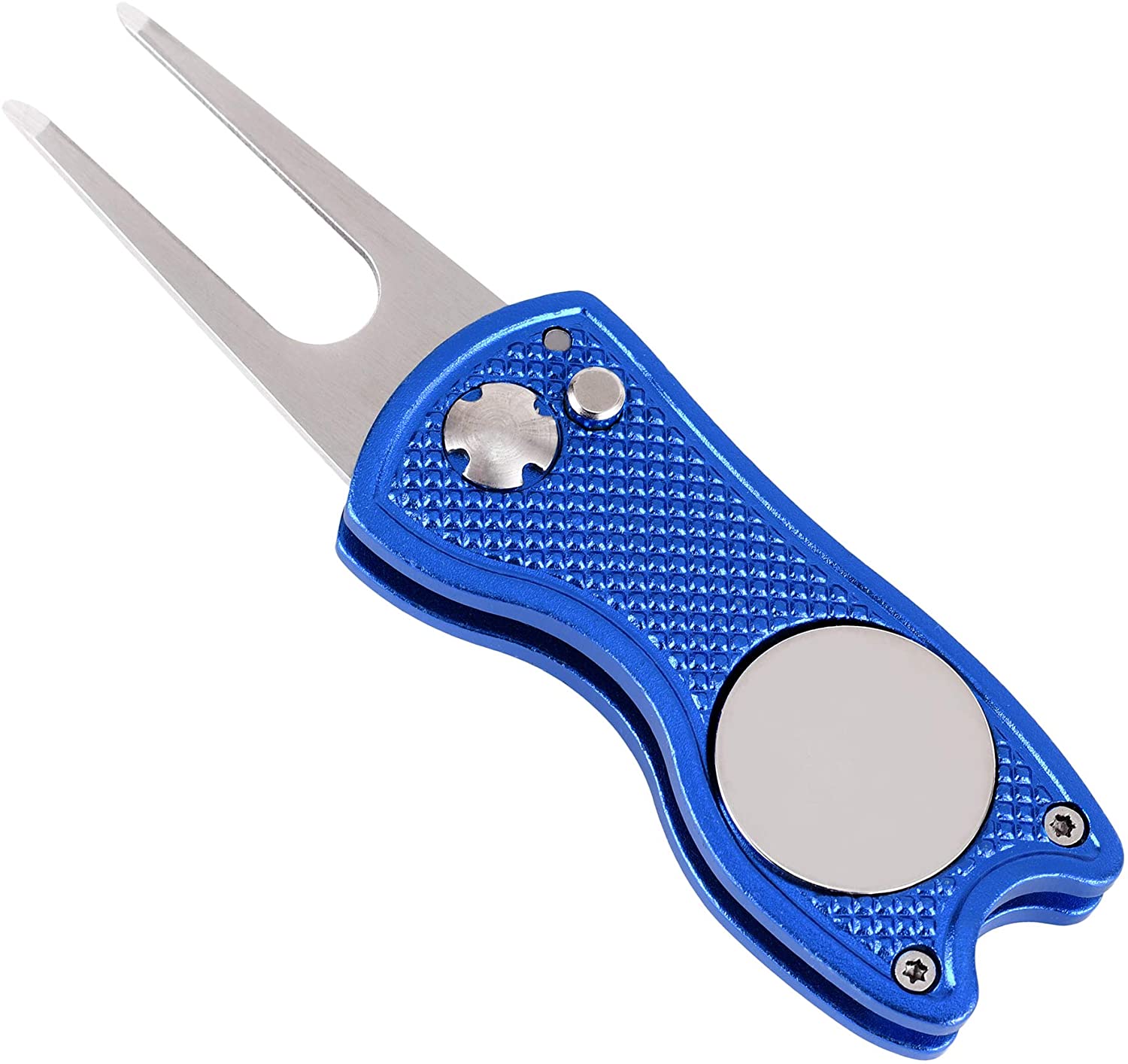 Mile High Life All Metal Foldable Golf Divot Tool with Pop-up Button & Magnetic Ball Marker (Multi-Colors/Shape): Blue Fish