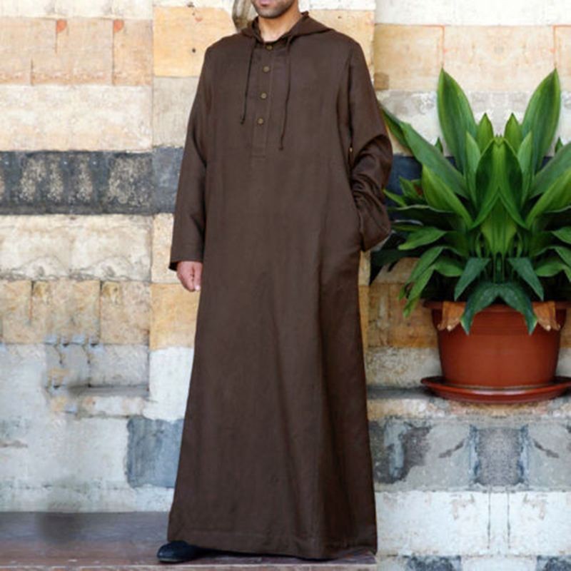 2024 estilo árabe simples longo masculino com capuz longo robe muçulmano roupas turco abaya moda islâmica cor sólida ramadan robe: 4XL / Marrom