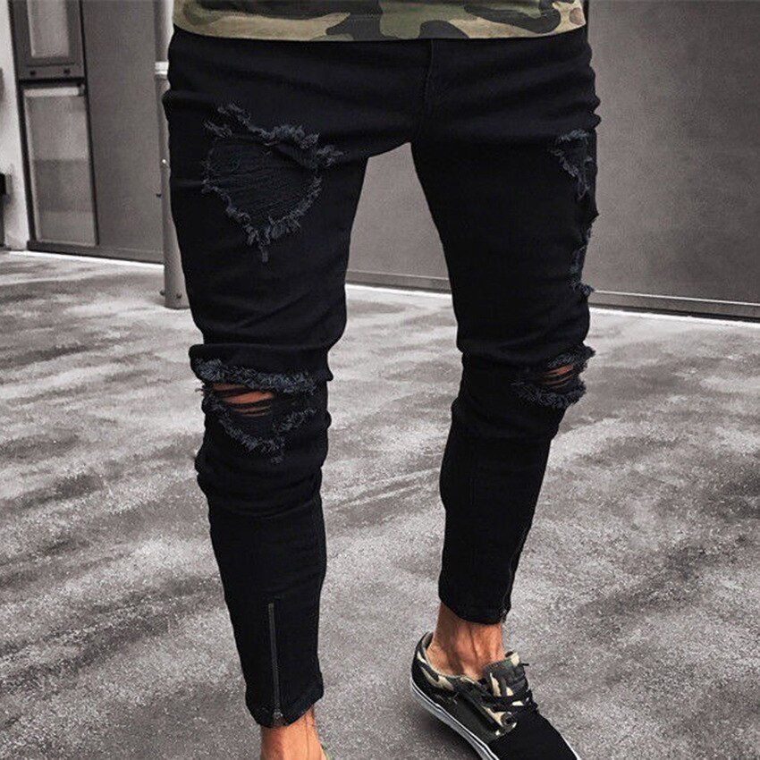 Herre cool mærke sorte jeans skinny flået ødelagt stretch slim fit hop hop bukser med huller til mænd