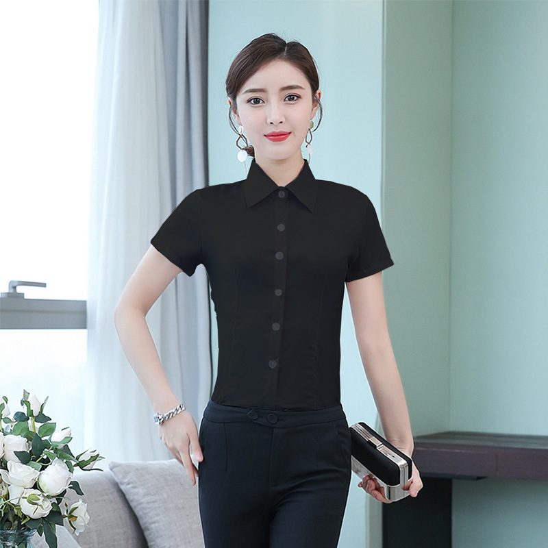 Camisa blanca de coreana para mujer, blusa de manga corta de otoño, Tops ajustados para oficina para mujer, camisa para estudiante de S-5XL, ropa para mujer: XXL / Negro