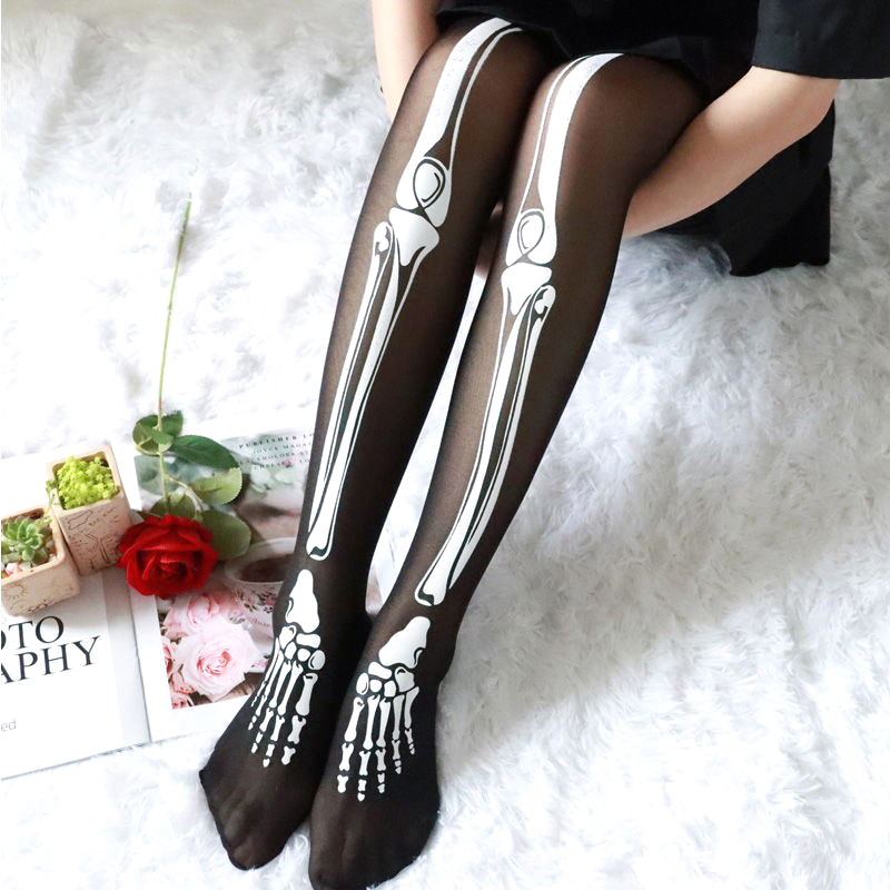 Halloween preto crânio impressão meias meias sexy mulheres meia-calça leggings para cosplay clube festa harajuku estilo acessórios