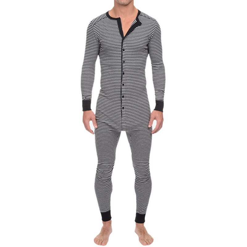 Men Striped Jumpsuit Homewear Skinny Leisure Long Sleeve O-Neck Button Soft Rompers Pajamas Cozy Mens Sleepwear Overalls