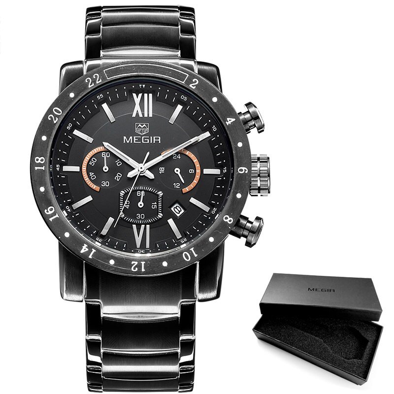 Megir Mode Quartz Horloge Voor Man Waterdichte Lichtgevende Polshorloge Heren Grote Wijzerplaat Horloges 3008: MS3008G-Black