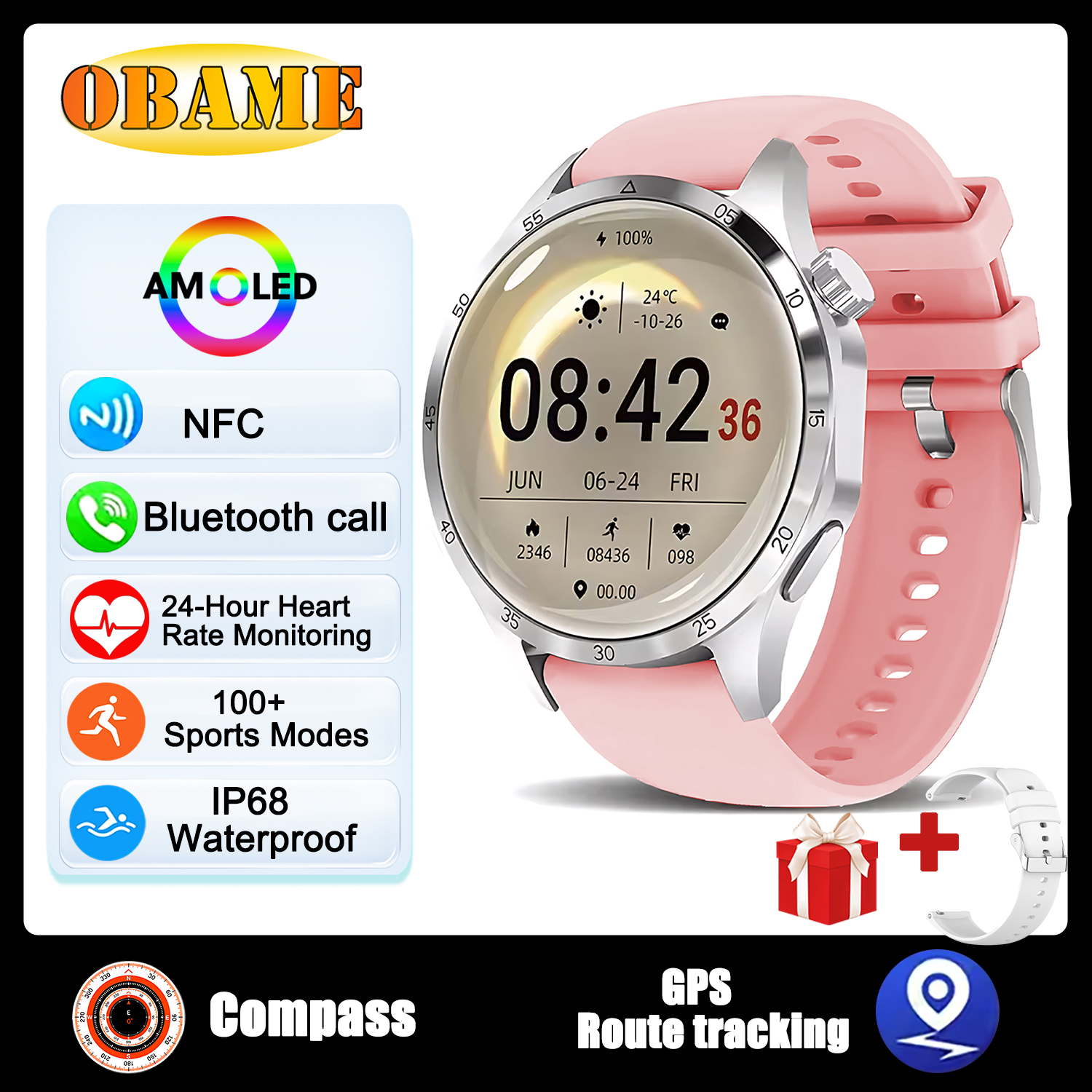 reloj inteligente clásico con GPS, pantalla AMOLED Ultra HD de 1,6 pulgadas, GPS incorporado, llamada BT, NFC, IP68, reloj inteligente resistente al agua para Android IOS: Azul