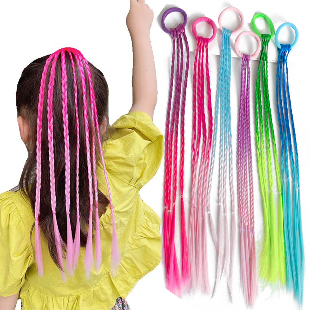 Extensiones de cabello con trenzas coloridas sintéticas con bandas de goma, coleta trenzada de arcoíris, accesorios para el cabello para niñas
