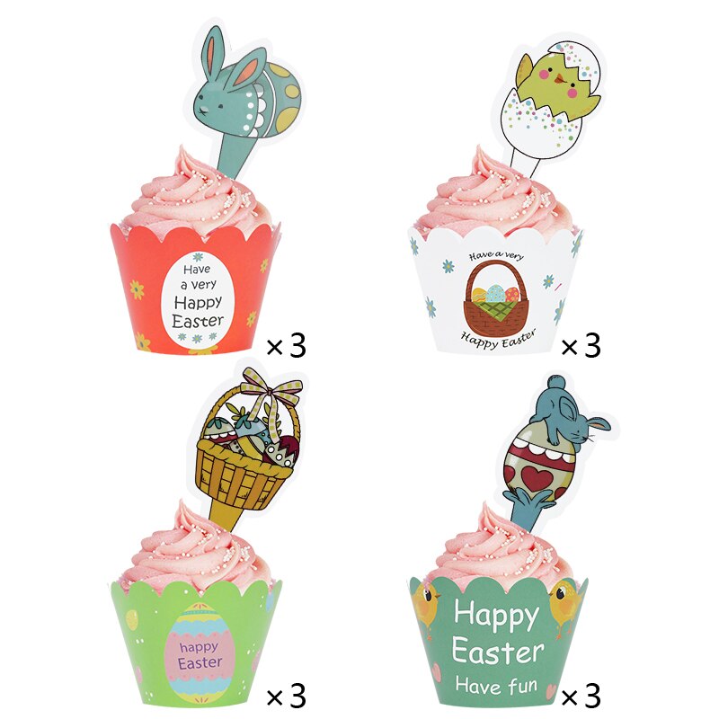 24pcs Happy Easter Cupcake Wrapper with Rabbit Cake Toppers Easter Party Bunny Egg Cake Baking Decoration Kids Birthday Party: Set2