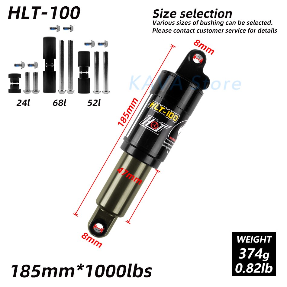 HTL-100 Mountain Bicycle Rear Shock 125/150/165/185mm 850/1000 lbs Aluminum alloy Oil Spring Shocks for MTB e-bike Snow Bike: 185mm x 1000lbs