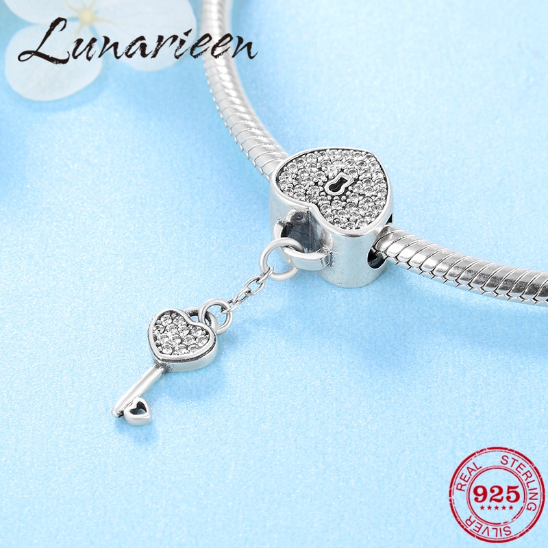925 Sterling Zilveren Zircon Heart Lock Key Prachtige Kralen Fit Originele Europese Bedelarmband Sieraden Maken Verkoop