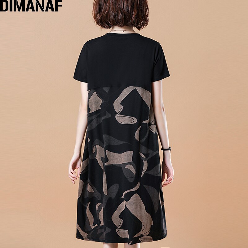 Dimanaf vestido feminino, tamanho grande roupas femininas de algodão solto emendado elegante vestido de verão vintaged impressão preto 5xl