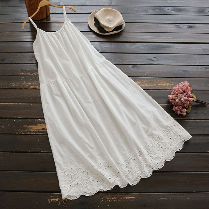 Large size summer women's sweet solid color flower embroidery round neck suspender underskirt mid length cotton fairy slip dress