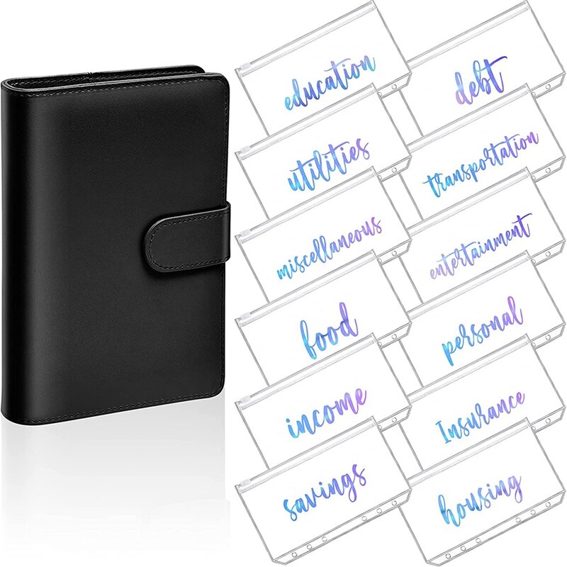 A6 PU Leather Notebook Magnetic Personal Planning Binder with 12 Binder Pockets Binder Zipper Folder for Bill Planning: Clear