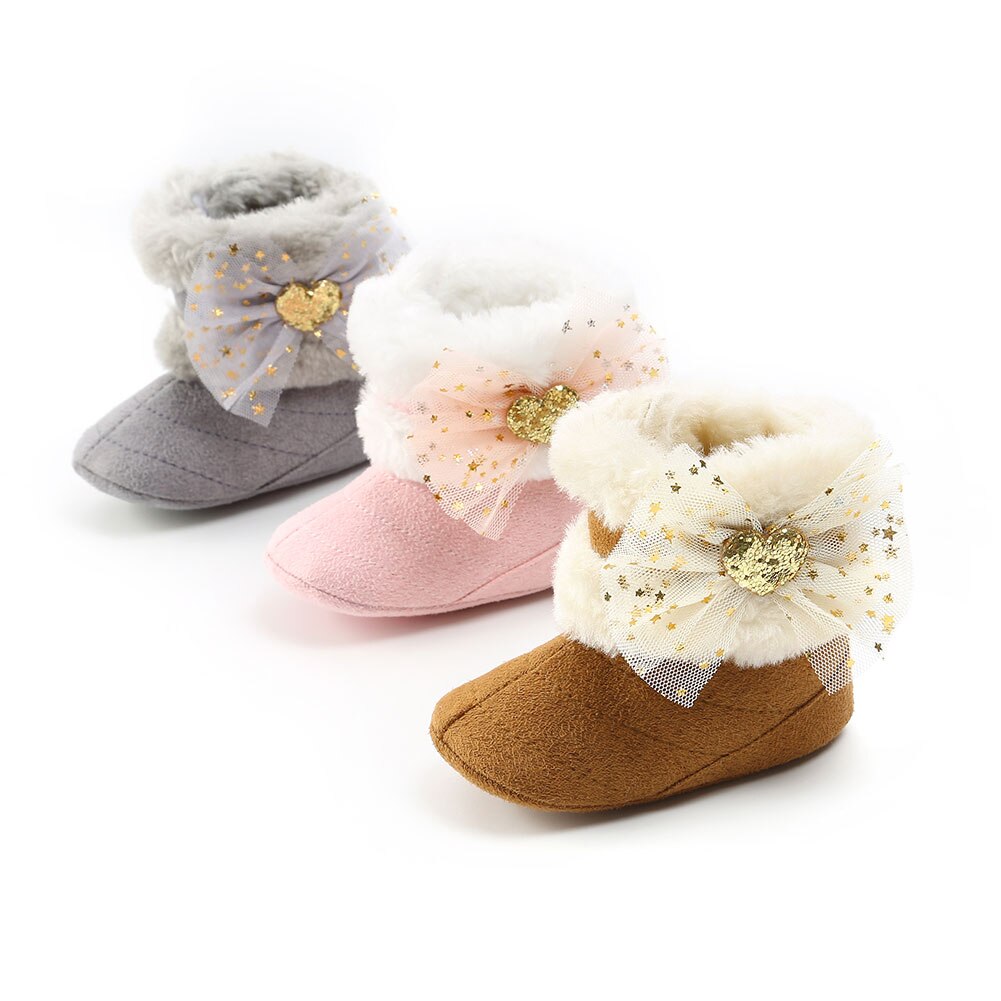 Sneeuwlaarzen voor babymeisjes, zachte zool, antislip, comfortabele voering van imitatiebont, enkellaarsjes met schattige strik van tule