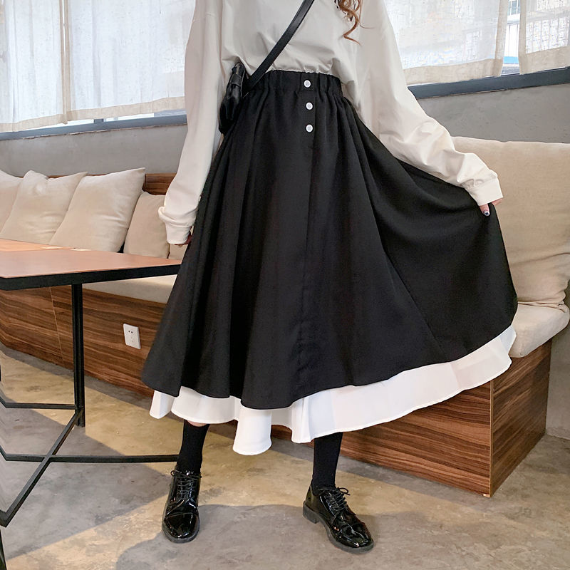 Saias femininas retrô com babados, saia chique coreana retrô com babados, outono e verão, saia básica adorável com patchwork, cintura elástica para mulheres