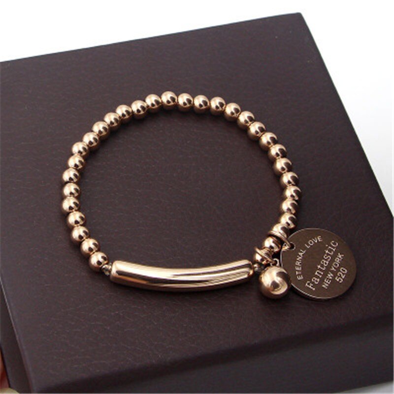 "Fantastische Ewige Liebe York" Edelstahl Ball Perlen Armband Für Frauen Kreis Tag Charme Stretch Strang Armband K0001-2: Rose Gold Farbe