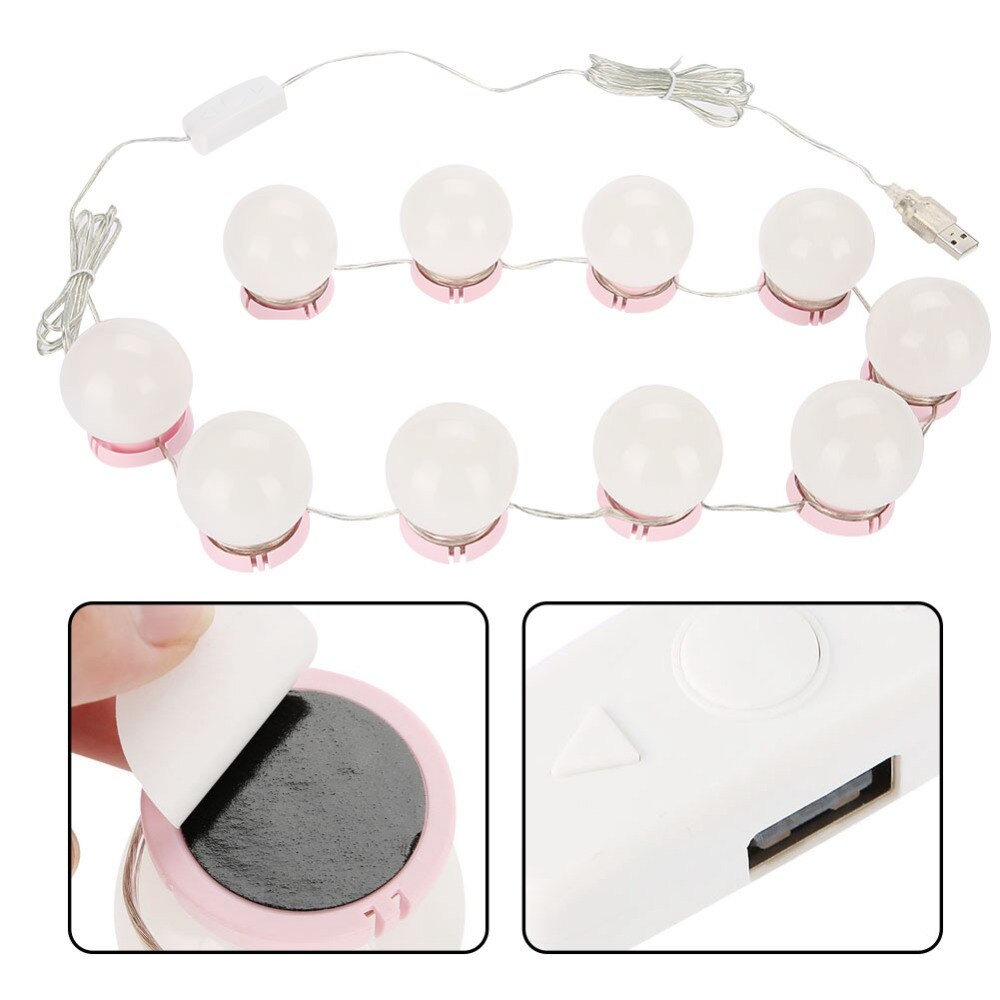 10pcs Makeup Mirror Bulbs Kit 10 W with LED Light + 20pcs tapes Vanity Mirror Cosmetic Makeup Brightness Adjustable Bulbs Pink