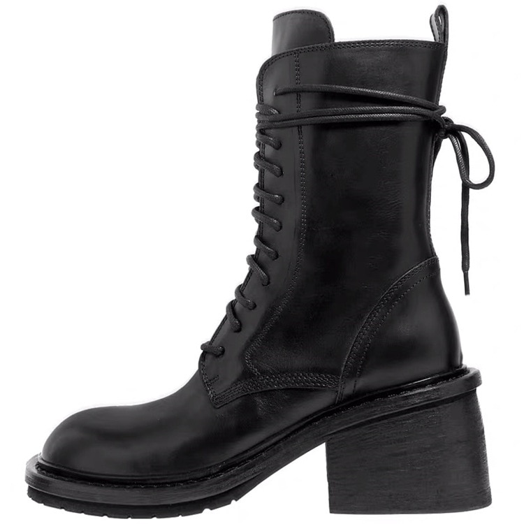 Genuine Leather Platform Women Motorcycle Boots with Small Bag Lace Up Round Fashion Ankle Boots Autumn Winter New Black Boots