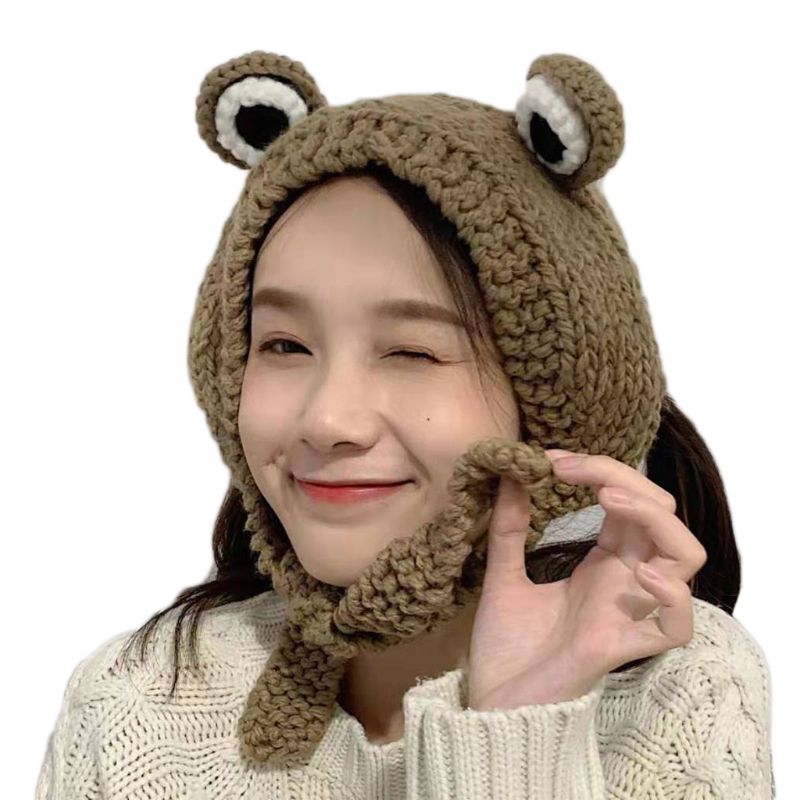 Bonnet en tricot pour les yeux de grenouille A2UA, mignon, couleur unie, , hiver: KH
