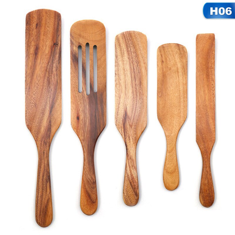 European-style Long-handled Spatula Five-piece Teak Wood Sauce Spatula Salad Mixing Drain Spatula Wooden Spatula: H06 Five piece set