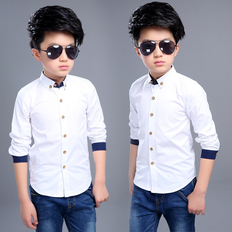 Teenage boys shirts langærmet solid skjorte drenge skruer ned krave skjorte til drenge hvidt børn teenage tøj 6 8 10 12 14 år gammel