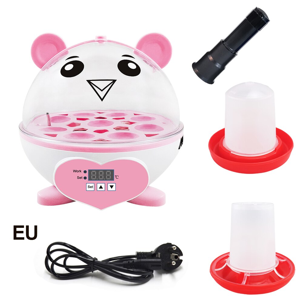 Cute Mini 9 Eggs Incubator Sets Incubation Brooder Egg Tester Chicken Duck Quail Birds Animal Egg Incubator Feeders: EU PLUG-PINK