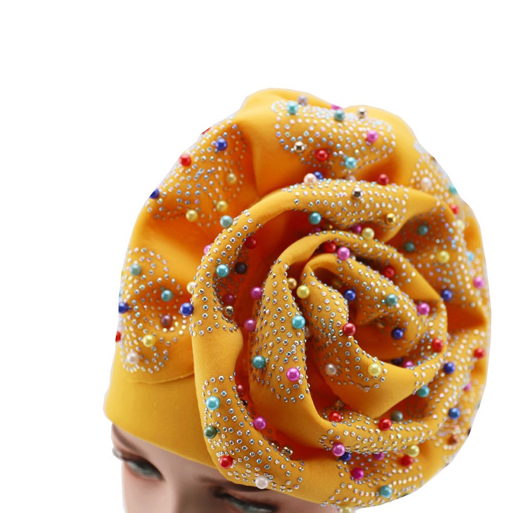 Kongeblå afrikansk gele aso oke headtie med sten og perler turban headtie wrapper 001 til bryllup: Guld gul