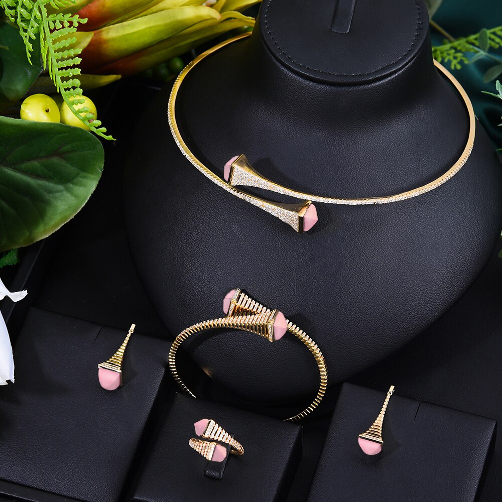 GODKI nowa sława marka 4 sztuk Waterdrop zestawy biżuterii dla kobiet Wedding Party Cubic cyrkon wysokiej klasy Craft Dubai zestaw biżuterii ślubnej: gold pink set